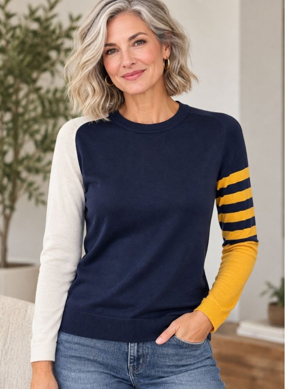 Akris Punto 100% Wool Colorblock Lightweight Sweater Navy Size 4